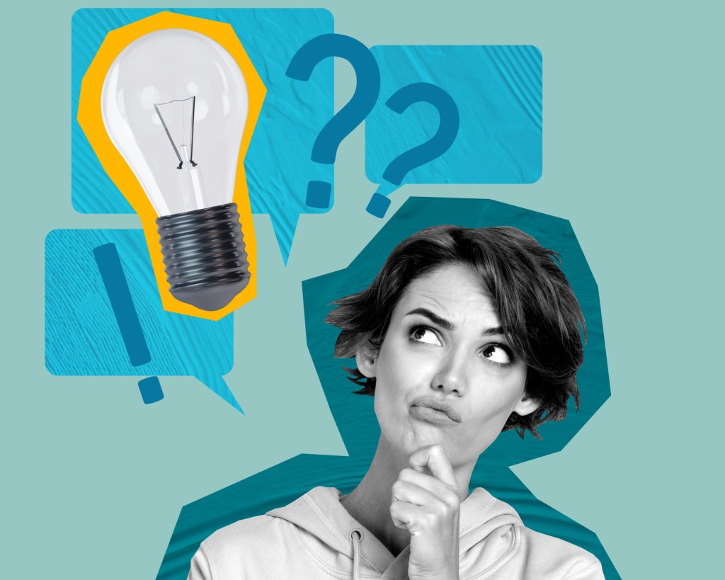 woman stand thoughts minded question research